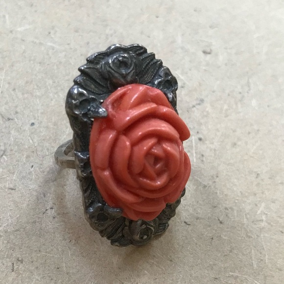 Coral Rose Silver Art Deco Style Ring size 4.25 - Picture 11 of 16